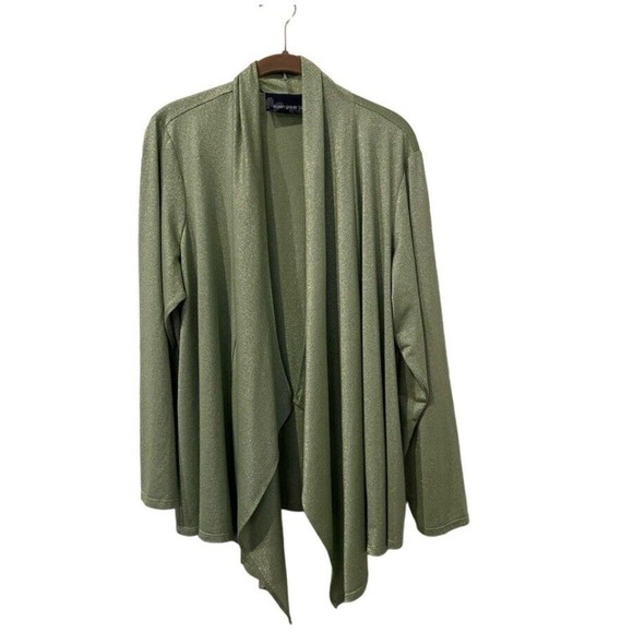 Susan Graver Sweaters - Susan Graver Style Green Sparkly Open Front Flowy Cardigan